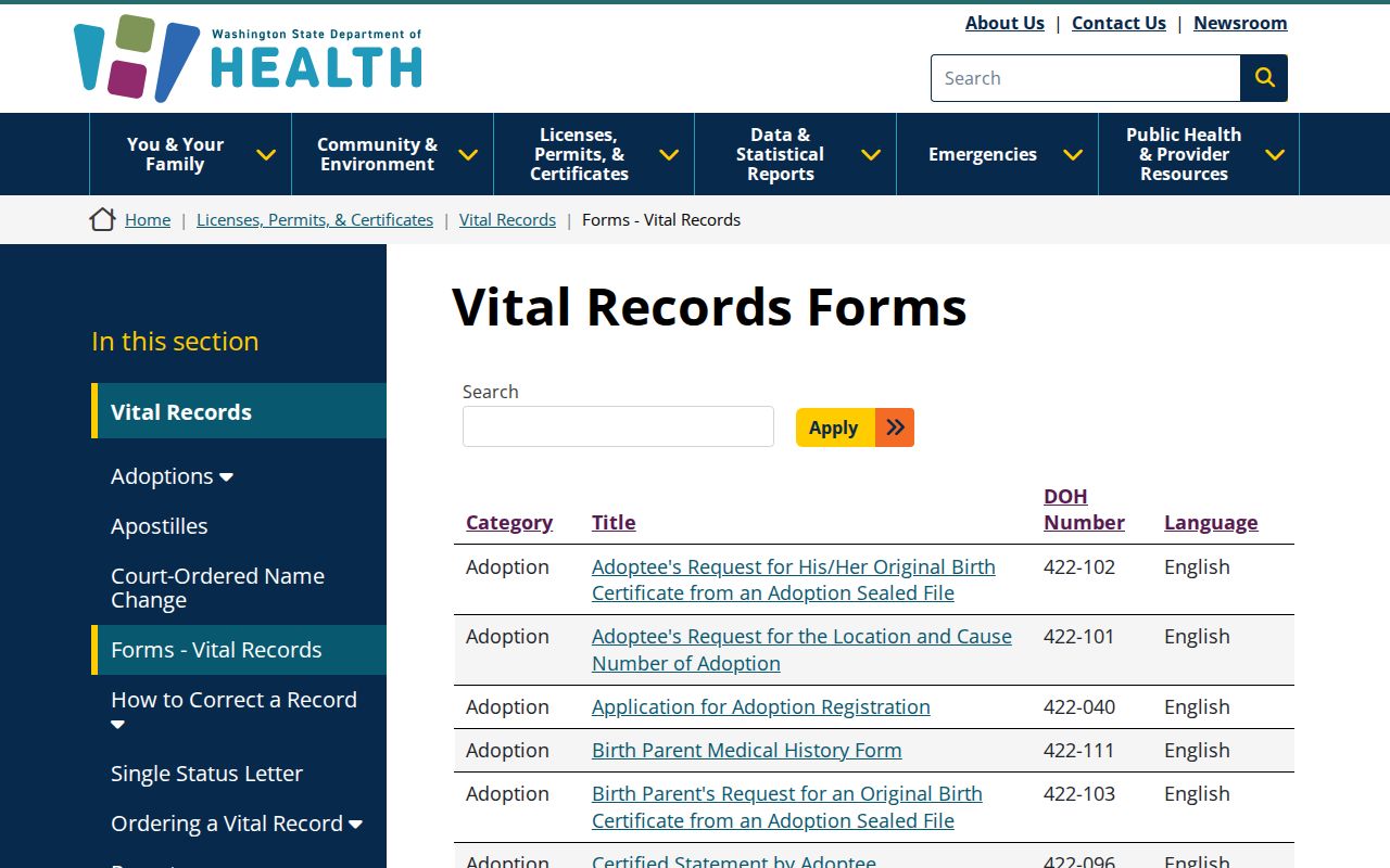 Thurston County residents directory vital forms